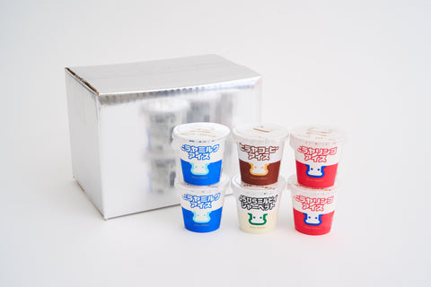 ヒラヤミルクアイス2個、ヒラヤコーヒーアイス1個、ヒラヤリンゴアイス1個、ひらひらミルピィシャーベット1個、おまかせ1個セット