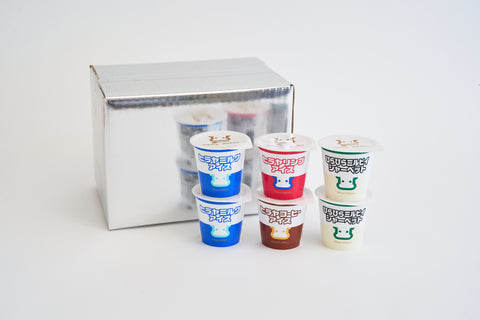 ヒラヤミルクアイス2個、ヒラヤコーヒーアイス1個、ヒラヤリンゴアイス1個、ひらひらミルピィシャーベット1個、おまかせ1個セット